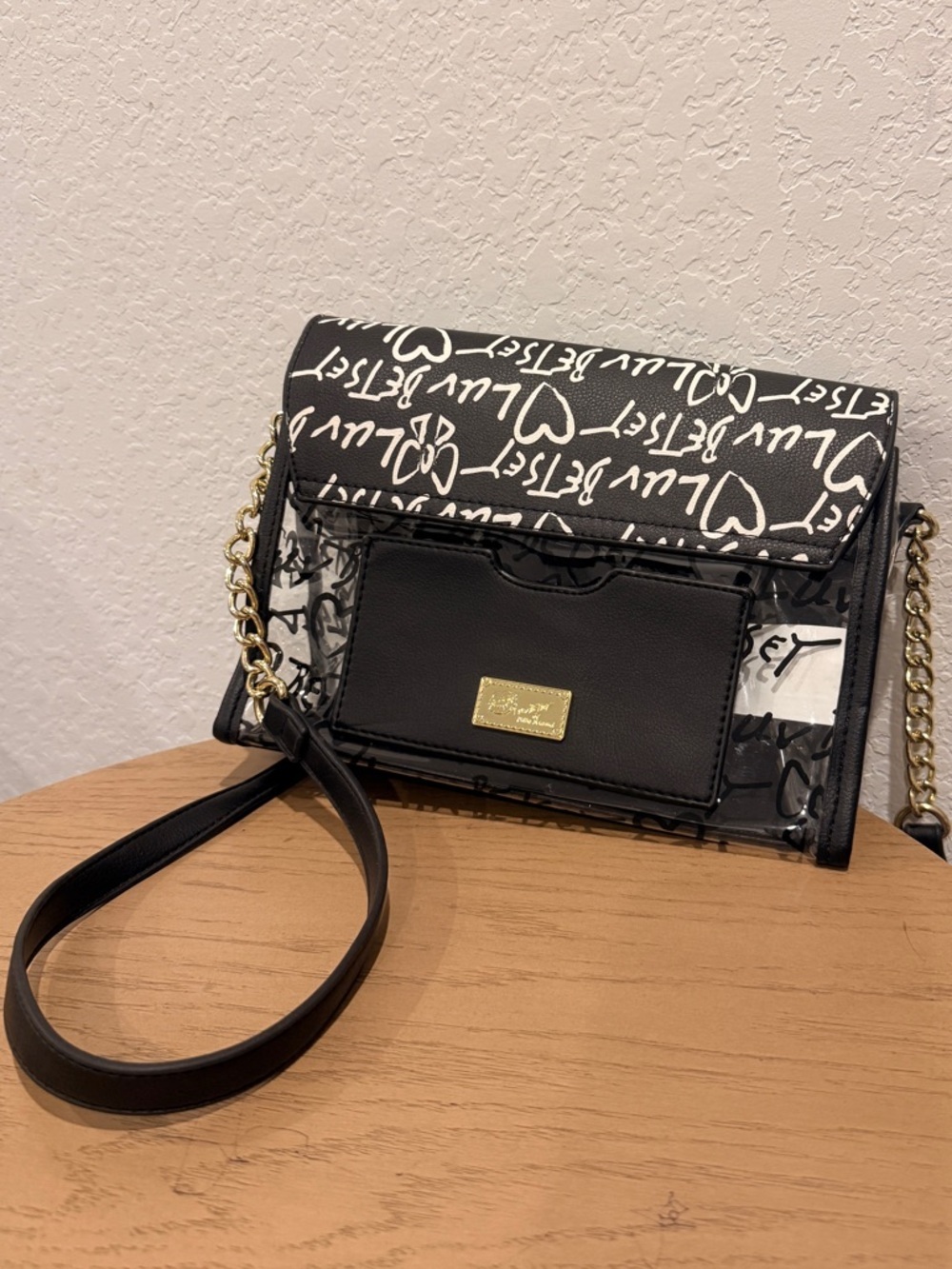 Betsey Johnson Black Trim Clear Crossbody with Gold Chain